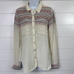 Maeve Anthropologie Button Front Shirt Long Sleeve Embroidery Pattern Cream sz 6